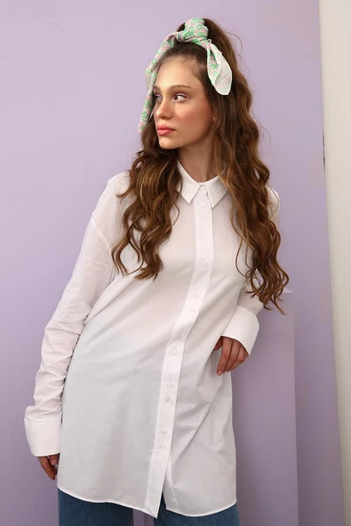Beyaz-Oversize Kolu Büzgü Detaylı Gömlek - 5