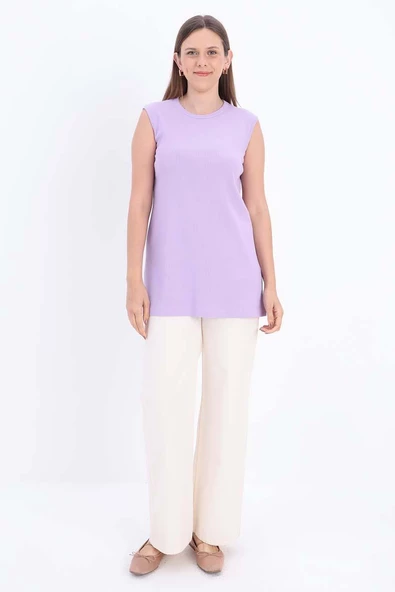 Açık Mor-Pamuklu Fitilli Kolsuz T-Shirt - Resim 2