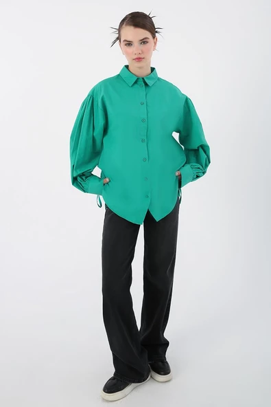 Zümrüt-%100 Pamuk Kolları Bağlama Detaylı Gömlek - Resim 5