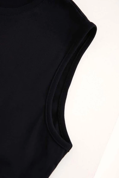 Lacivert-Yaka Biyeli Kolsuz Likralı T-shirt - Resim 4