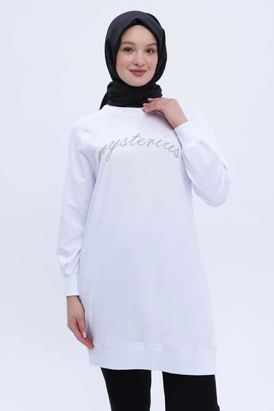 Beyaz-Pamuklu Reglan Kol Zincir Nakışlı Sweat Tunik - Resim 5