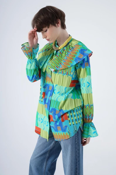 Mavi-Kiremit-%100 Pamuk Büyük Yakalı Desenli Gömlek ürün görseli