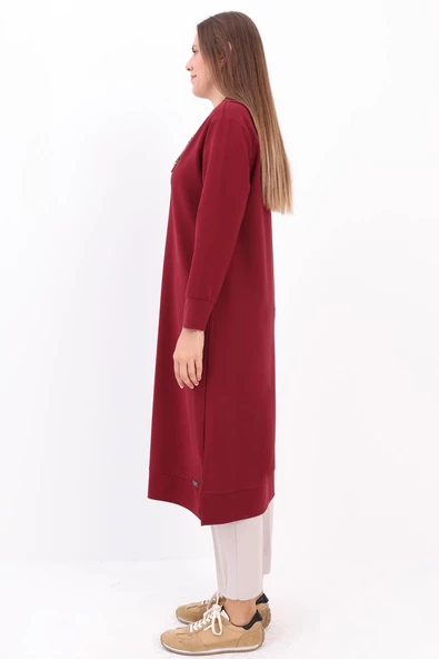 Vişne-Leopar Bağcıklı Kapüşonlu Rahat Tunik - Resim 3