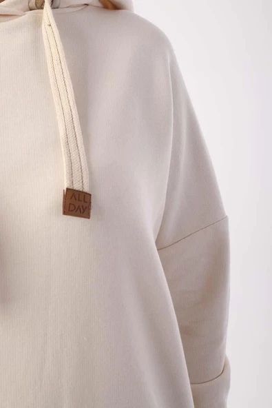 Ekru-Kuşgözlü Kapüşonlu Cepli Sweat Tunik - 5