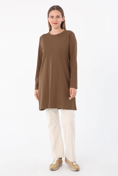 Kahve-Basic Pamuklu Süprem Sweat Tunik - 2