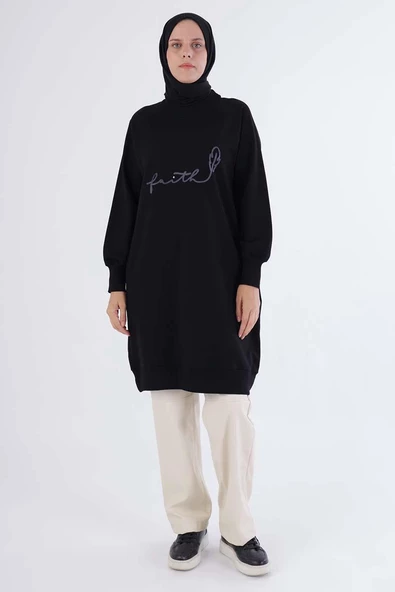 Siyah-Faıth Yazılı Nakışlı Sweat - 2