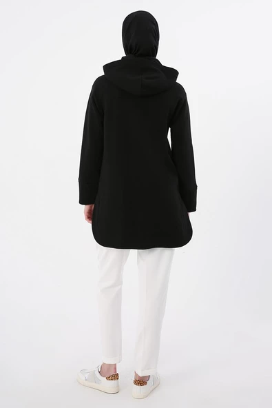 Siyah-Kapüşonlu Zincirli Sim Detaylı Şardonlu Sweat - Resim 4