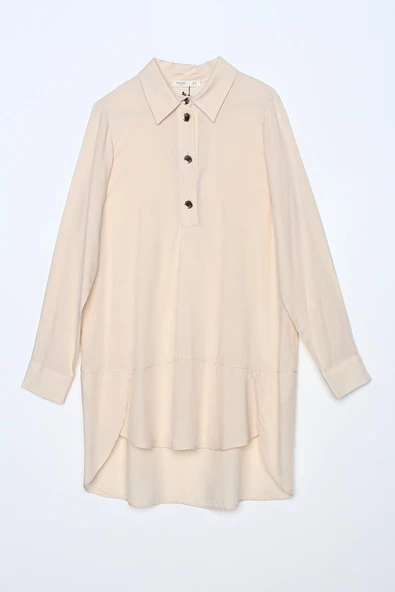 Ekru-Gömlek Yaka Yarım Patlı Yırtmaçlı Arkası Uzun Tunik - Resim 7