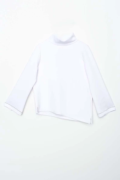 Beyaz-Dik Yaka Kolu Yırtmaçlı Likralı Scuba Bluz - Resim 9