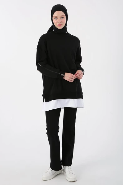 Siyah-Kolları Fermuarlı Dokuma Garnili Oversize Sweat