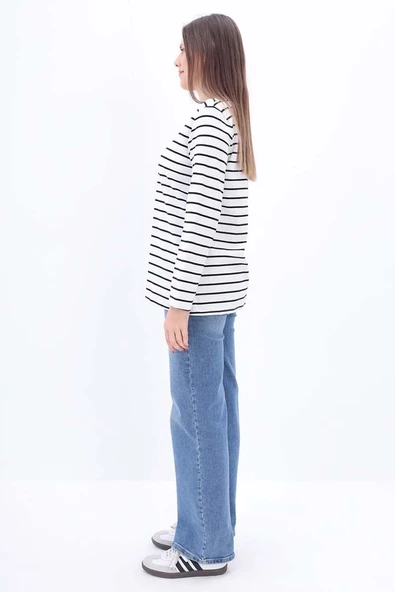 Ekru-Siyah-Pamuklu Çizgili Tshirt Tunik - Resim 2