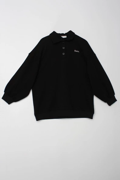 Siyah-Polo Yaka Oversize Sweat - 7