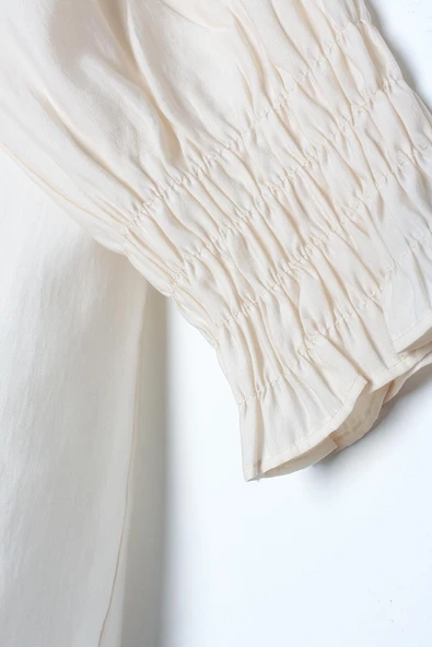 Ekru-Gipe Lastik Kol Detaylı Bisiklet Yaka Tunik - Resim 6