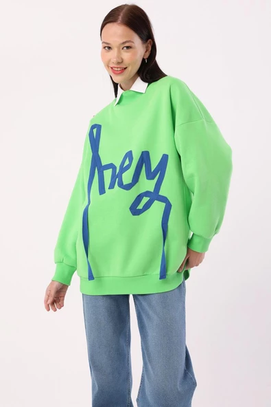 Neon Yeşil-Oversize Şardonlu Şerit Detaylı Sweatshirt ürün görseli