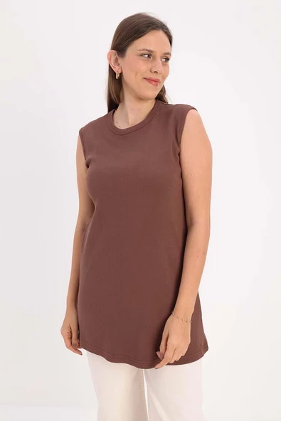 Açık Kahve-Pamuklu Fitilli Kolsuz Likralı T-Shirt