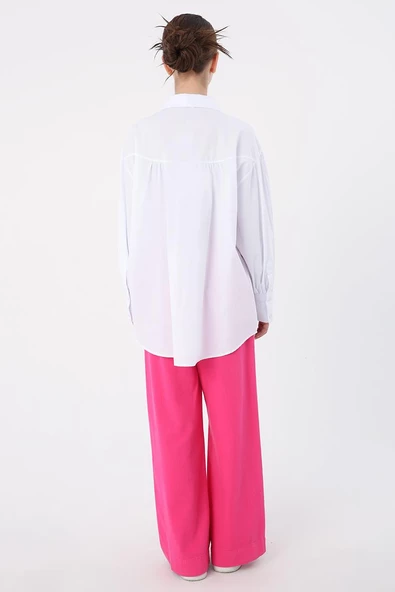 Beyaz-Oversize Sivri Yaka Büzgülü Balon Kol Gömlek - Resim 4