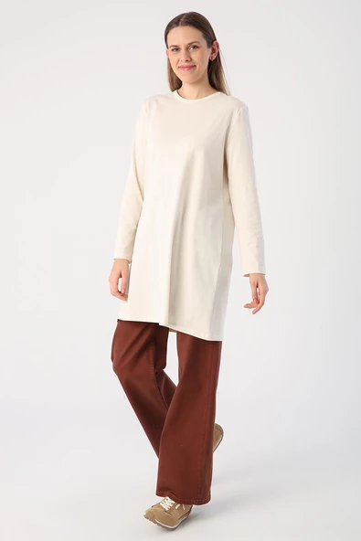 Ekru-Basic Pamuklu Süprem Sweat Tunik - Resim 4