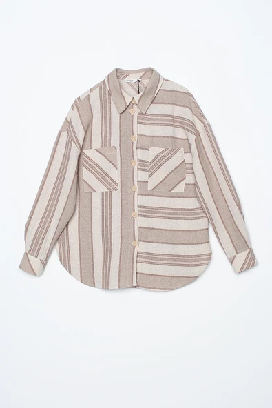 Sütlü Kahve-Pamuklu Çizgili Cepli Yanları Yırtmaçlı Gömlek - Resim 7