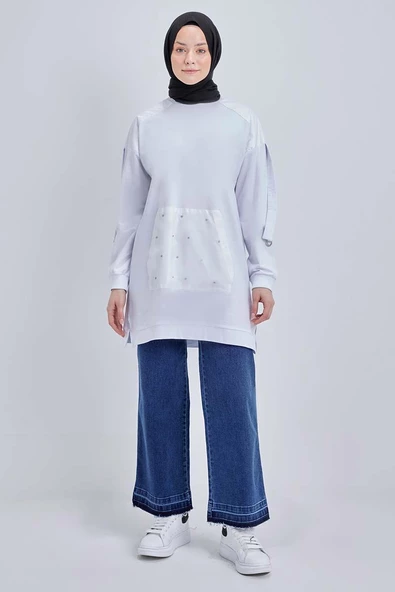 Beyaz-Pamuklu Garnili Taş Detaylı Sweat - 2