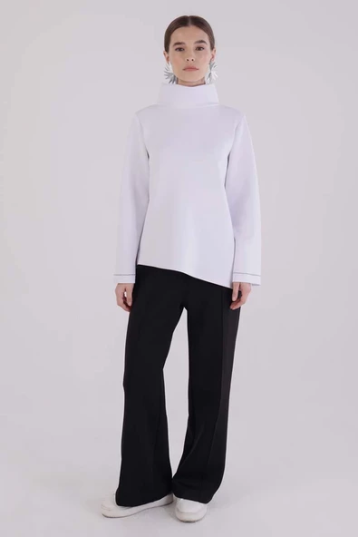 Beyaz-Dik Yaka Kolu Yırtmaçlı Likralı Scuba Bluz - Resim 2