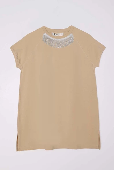 Bej-Püskül Detaylı Kısa Kollu Likralı T-Shirt - Resim 7