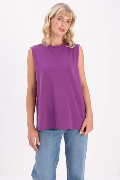 Mor-Bisiklet Yaka Kolsuz Pamuklu T-Shirt ürün görseli