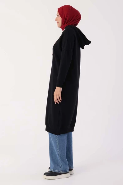 Siyah-Kuşgözlü Kapüşonlu Cepli Sweat Tunik - Resim 3