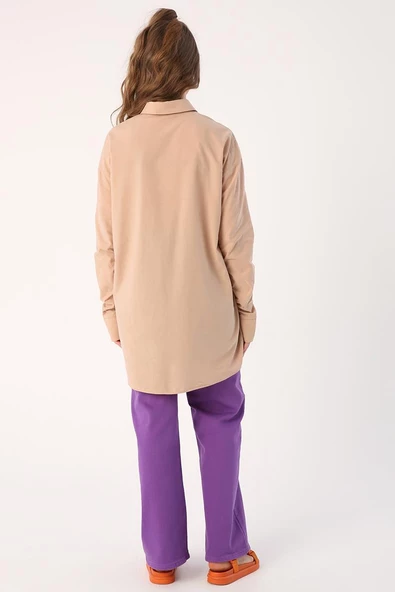 Bej-Oversize Kolu Büzgü Detaylı Gömlek - 4