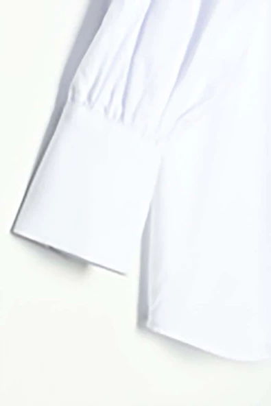 Beyaz-Oversize Sivri Yaka Büzgülü Balon Kol Gömlek - Resim 7