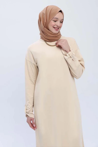 Bej-Pamuklu Arkadan Yırtmaçlı Apoletli Likralı Tunik - Resim 5