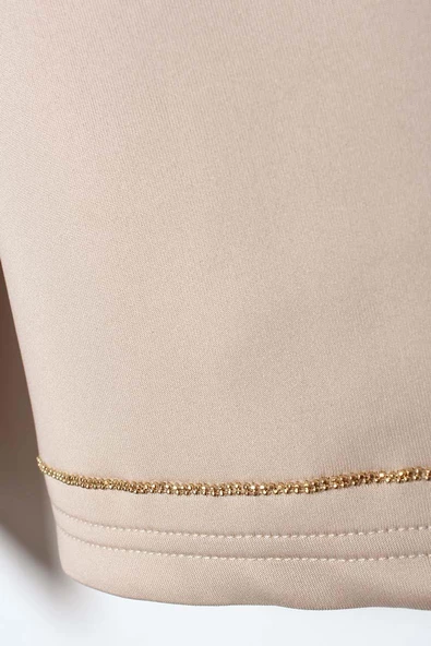 Bej-Dik Yaka Kolu Yırtmaçlı Likralı Scuba Bluz - Resim 7