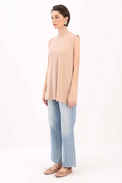 Bej-%100 Pamuk Kolsuz T-Shirt - Resim 3