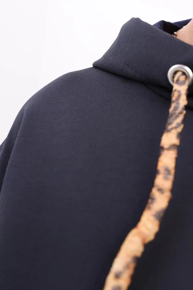 Lacivert-Leopar Bağcıklı Kapüşonlu Rahat Tunik - Resim 5