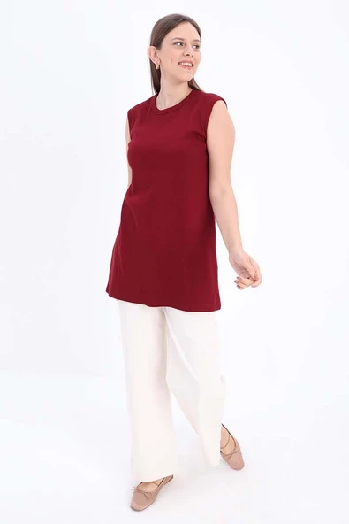Bordo-Pamuklu Fitilli Kolsuz T-Shirt