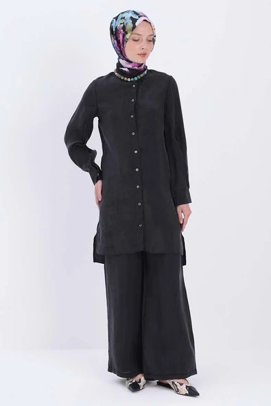 Siyah-Dik Yakalı Kolu Pileli Gömlek Tunik - Resim 5