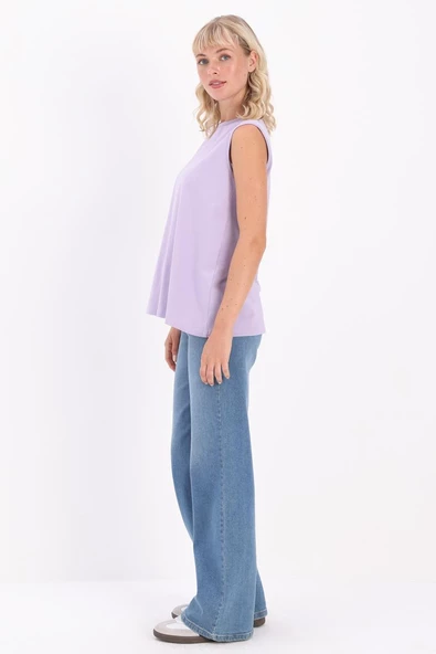 Lila-Bisiklet Yaka Kolsuz Pamuklu T-Shirt - 3