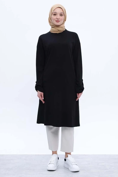 Siyah-Pamuklu Arkadan Yırtmaçlı Apoletli Likralı Tunik - Resim 2