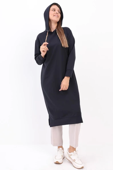 Lacivert-Leopar Bağcıklı Kapüşonlu Rahat Tunik ürün görseli