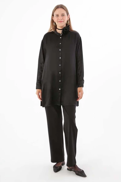 Siyah-Hakim Yaka Yanları Yırtmaçlı Gömlek - Resim 2