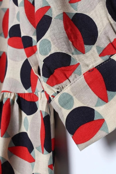 Ekru-Kırmızı-Dik Yaka Beli Büzgü Detaylı Desenli Tunik - Resim 8