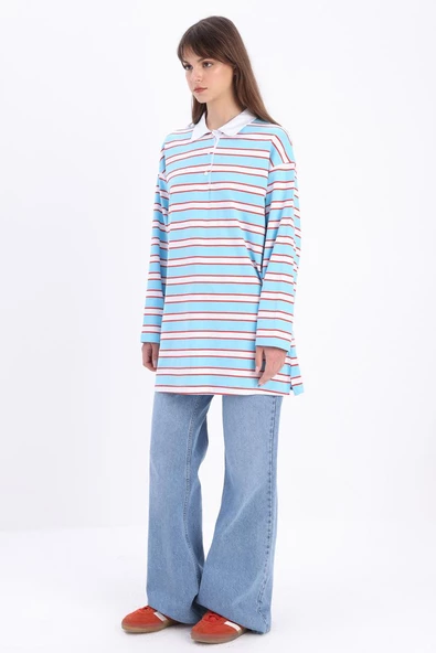 Mavi-Kırmızı-Pamuklu Çizgili Likralı Sweat - Resim 3