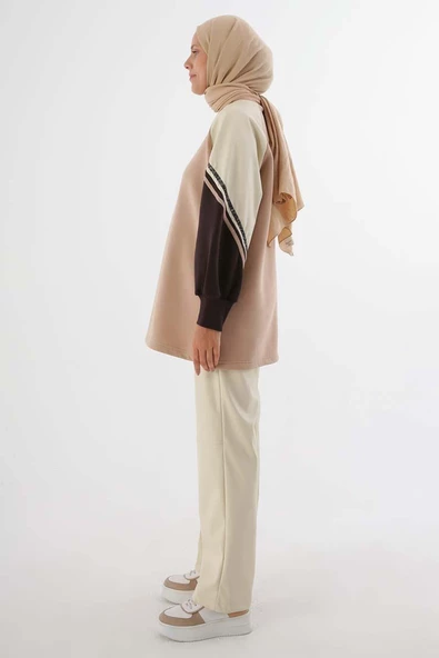 Bej-Şardonlu Deri Garnili Şeritli Sweat - Resim 3