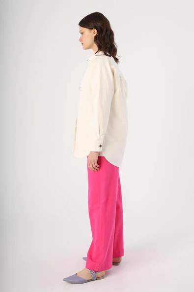 Ekru-%100 Pamuk Oversize Cepli Gömlek Tunik - 3