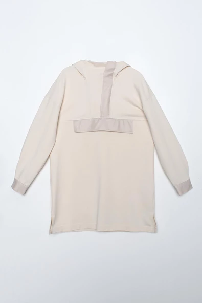 Ekru-Deri Garnili Kapüşonlu Tunik - Resim 6