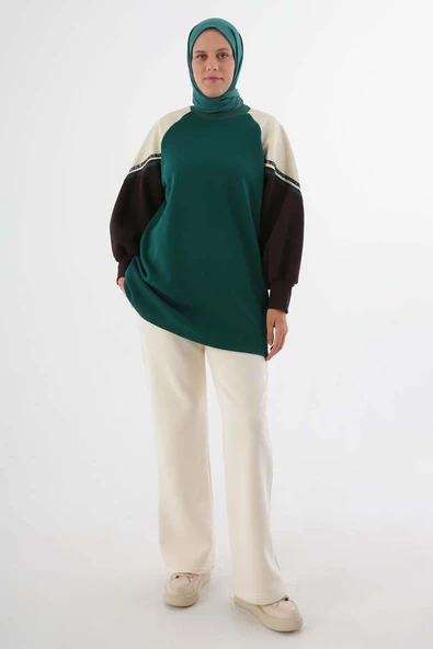 Zümrüt-Şardonlu Deri Garnili Şeritli Sweat - Resim 2