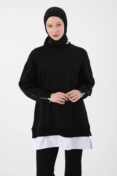 Siyah-Kolları Fermuarlı Dokuma Garnili Oversize Sweat - 5