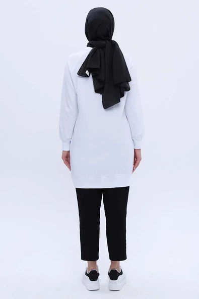 Beyaz-Pamuklu Reglan Kol Zincir Nakışlı Sweat Tunik - Resim 4