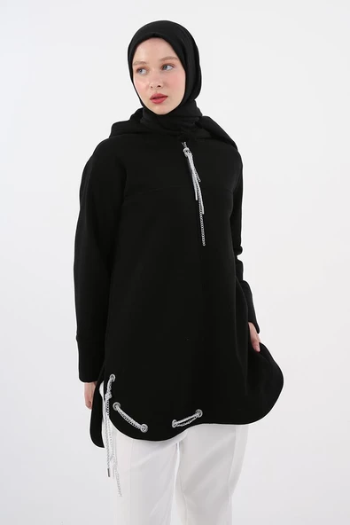 Siyah-Kapüşonlu Zincirli Sim Detaylı Şardonlu Sweat - Resim 5