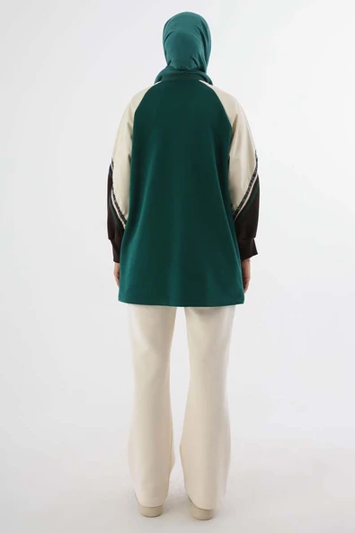 Zümrüt-Şardonlu Deri Garnili Şeritli Sweat - Resim 4