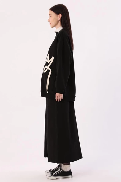 Siyah-Oversize Şardonlu Şerit Detaylı Sweatshirt - 3